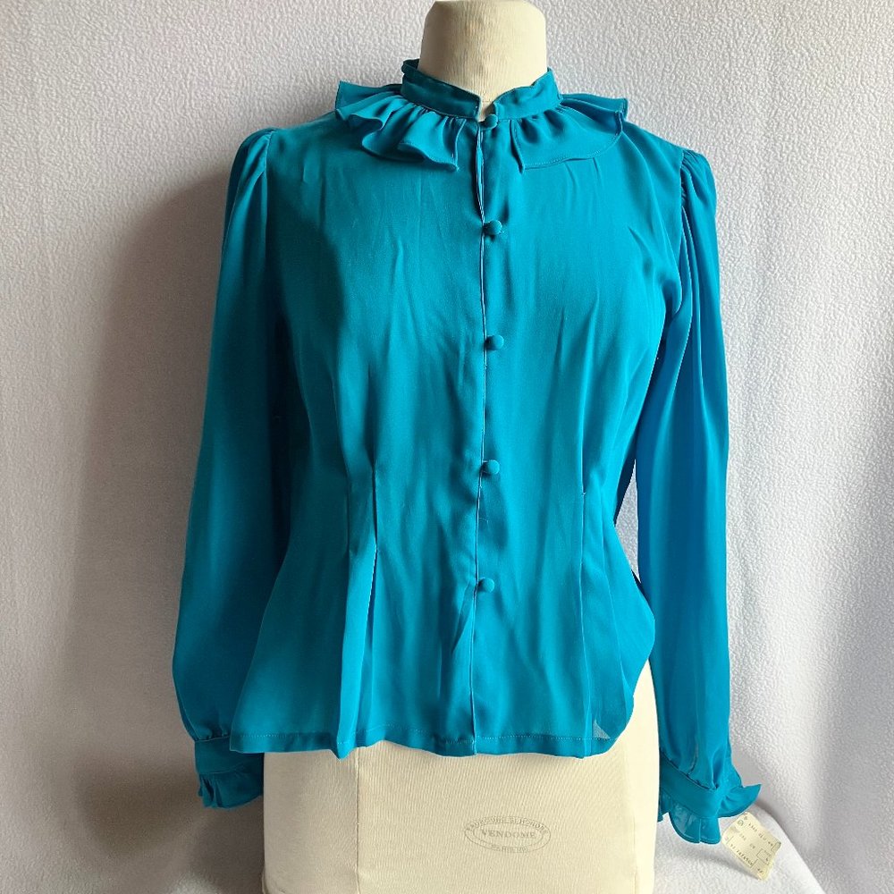 1970s Turquoise Ruffled Long Sleeve Polyester Blouse NOS NWt